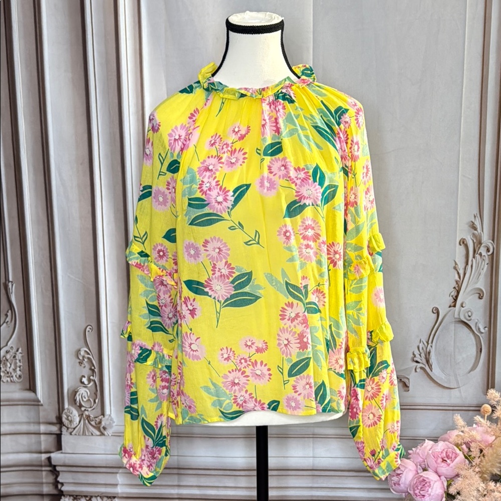 Banjanan Yellow Pink Ruffled Long Sleeve Blouse
